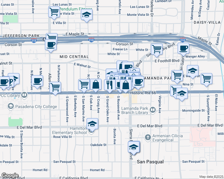 map of restaurants, bars, coffee shops, grocery stores, and more near 2237 East Colorado Boulevard in Pasadena