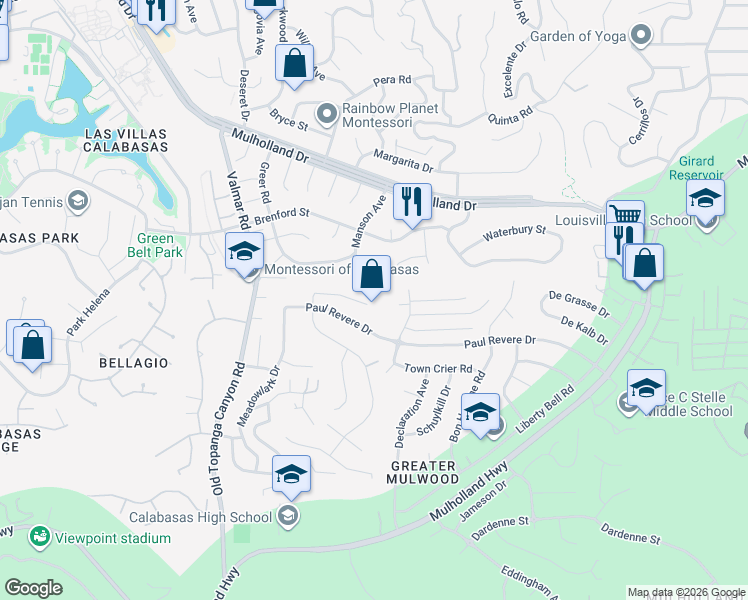 map of restaurants, bars, coffee shops, grocery stores, and more near 22905 De Kalb Drive in Calabasas