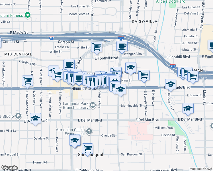 map of restaurants, bars, coffee shops, grocery stores, and more near 2614 East Colorado Boulevard in Pasadena