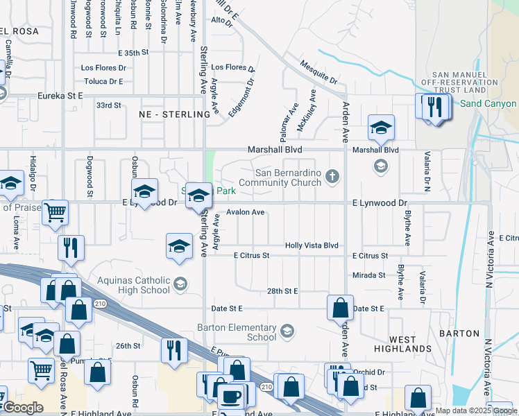 map of restaurants, bars, coffee shops, grocery stores, and more near 25850 Avalon Avenue in San Bernardino