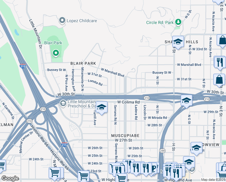 map of restaurants, bars, coffee shops, grocery stores, and more near 3004 Serrano Road North in San Bernardino