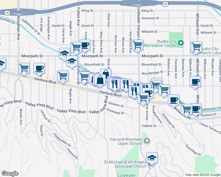 map of restaurants, bars, coffee shops, grocery stores, and more near 4216 Ethel Avenue in Los Angeles