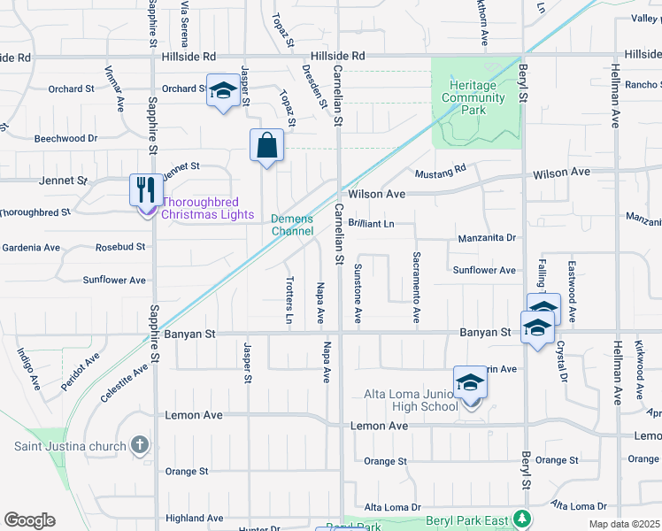 map of restaurants, bars, coffee shops, grocery stores, and more near 5957 Napa Avenue in Rancho Cucamonga