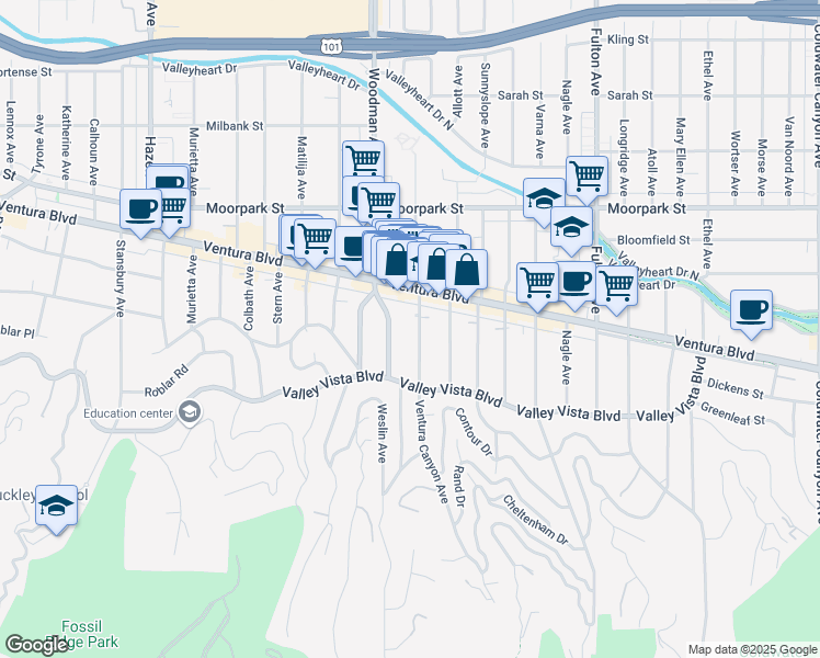 map of restaurants, bars, coffee shops, grocery stores, and more near 4163 Ventura Canyon Avenue in Los Angeles