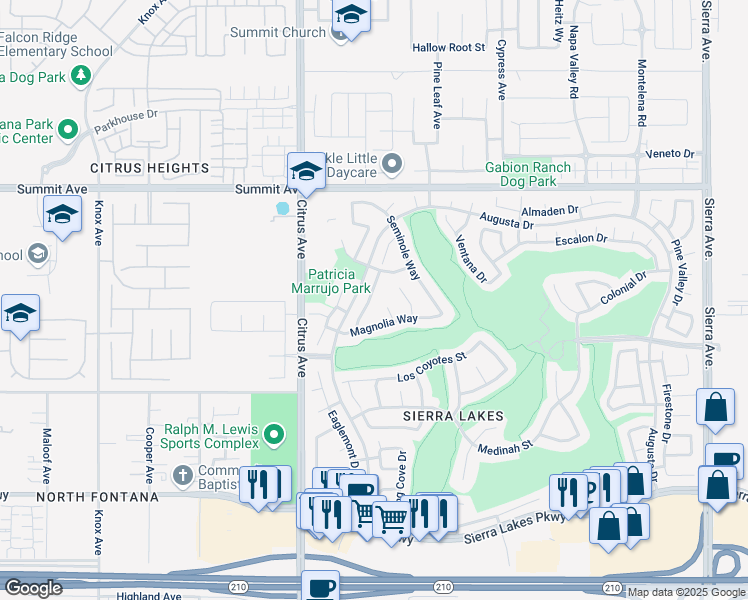 map of restaurants, bars, coffee shops, grocery stores, and more near 5916 Wilshire Drive in Fontana