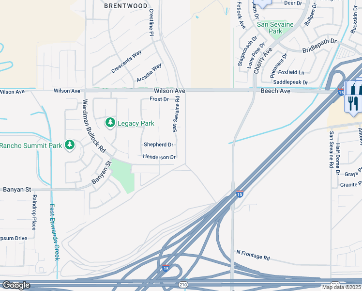 map of restaurants, bars, coffee shops, grocery stores, and more near 14166 Henderson Drive in Rancho Cucamonga