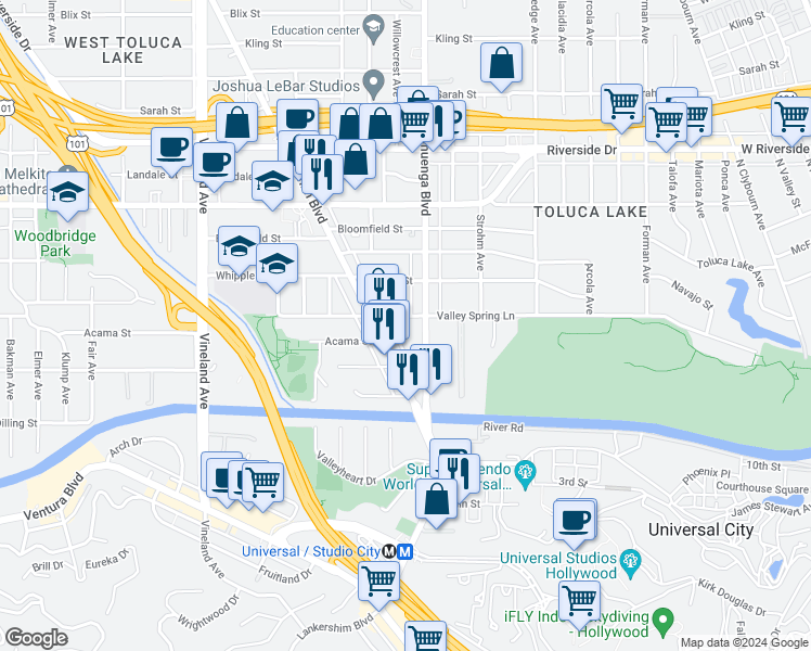 map of restaurants, bars, coffee shops, grocery stores, and more near 4205 Cahuenga Boulevard in Los Angeles