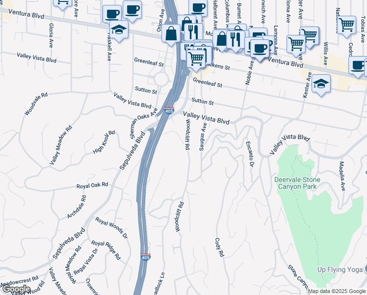 map of restaurants, bars, coffee shops, grocery stores, and more near 4157 Woodcliff Road in Los Angeles
