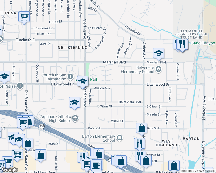 map of restaurants, bars, coffee shops, grocery stores, and more near 25850 Avalon Avenue in San Bernardino
