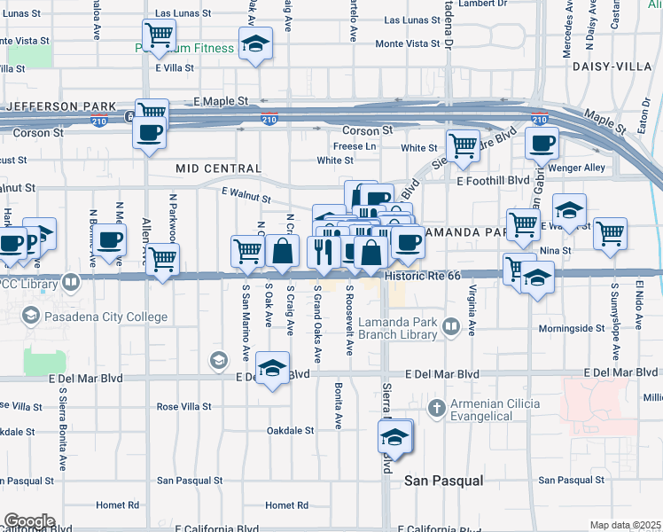 map of restaurants, bars, coffee shops, grocery stores, and more near 2237 East Colorado Boulevard in Pasadena