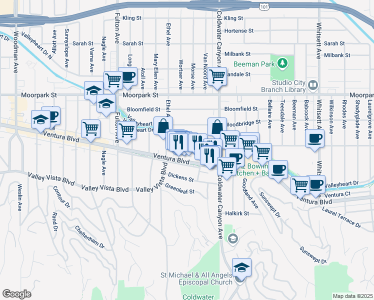 map of restaurants, bars, coffee shops, grocery stores, and more near 13012 Valleyheart Drive in Los Angeles