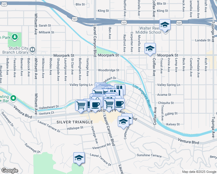 map of restaurants, bars, coffee shops, grocery stores, and more near 12078 Guerin Street in Los Angeles