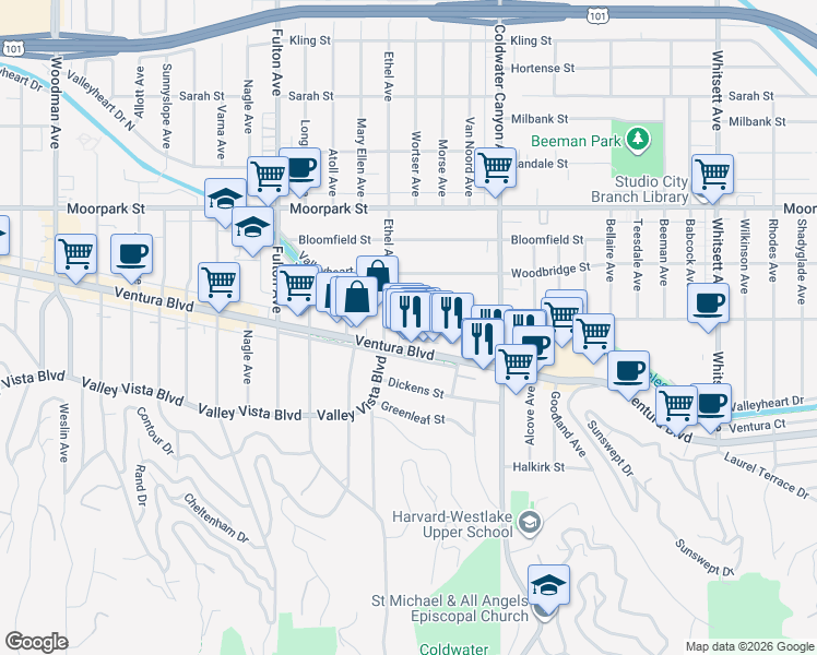 map of restaurants, bars, coffee shops, grocery stores, and more near 13030 Valleyheart Drive in Los Angeles
