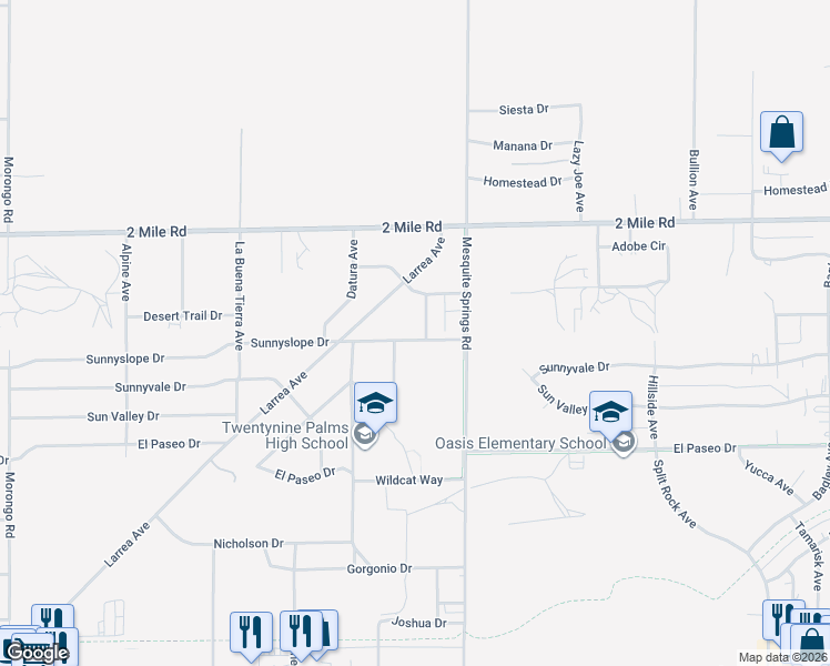 map of restaurants, bars, coffee shops, grocery stores, and more near 5888 Clare Avenue in Twentynine Palms