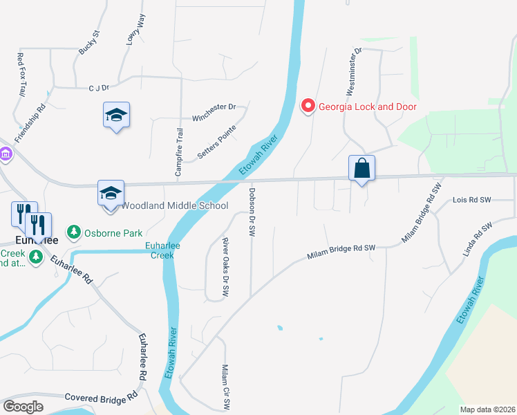 map of restaurants, bars, coffee shops, grocery stores, and more near 35 Dobson Drive Southwest in Cartersville