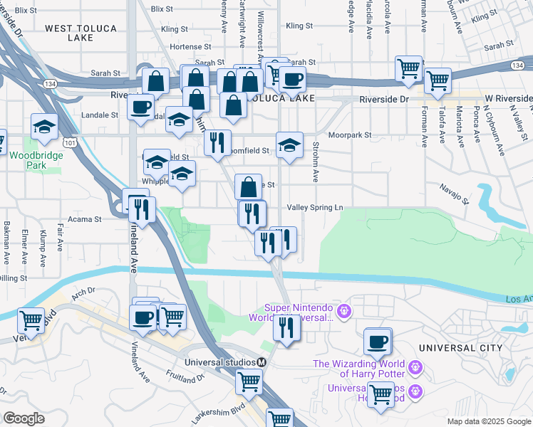 map of restaurants, bars, coffee shops, grocery stores, and more near 10626 Valley Spring Lane in Los Angeles
