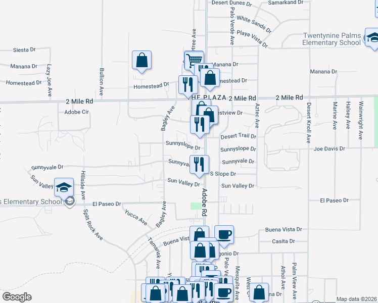map of restaurants, bars, coffee shops, grocery stores, and more near 73641 Sunnyslope Drive in Twentynine Palms