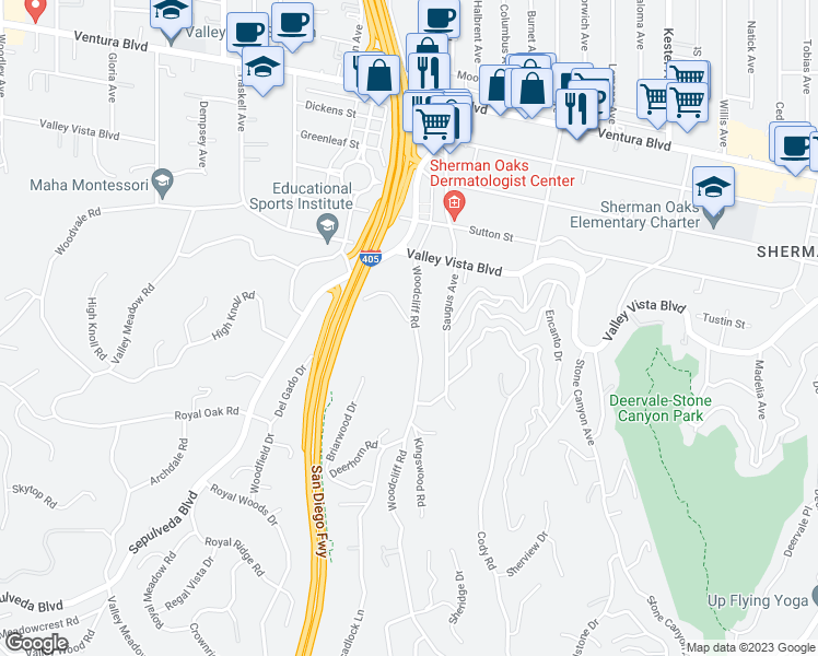 map of restaurants, bars, coffee shops, grocery stores, and more near 4157 Woodcliff Road in Los Angeles