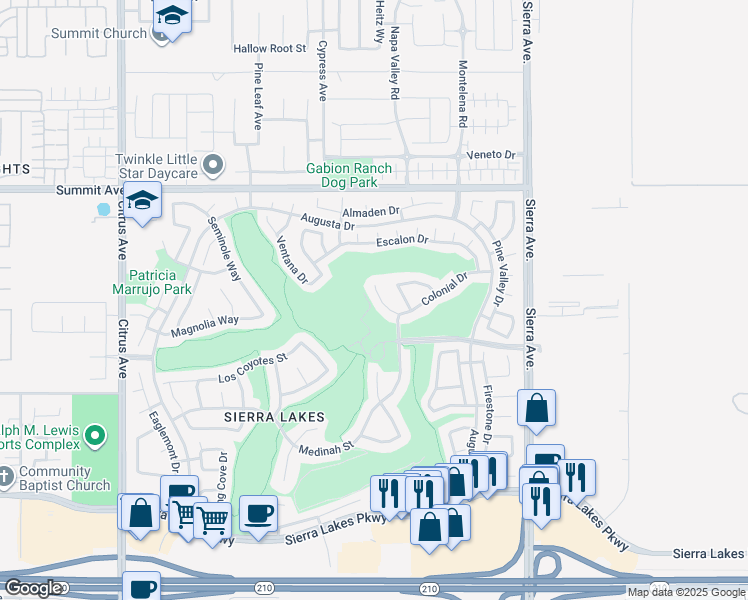 map of restaurants, bars, coffee shops, grocery stores, and more near 16603 Colonial Drive in Fontana