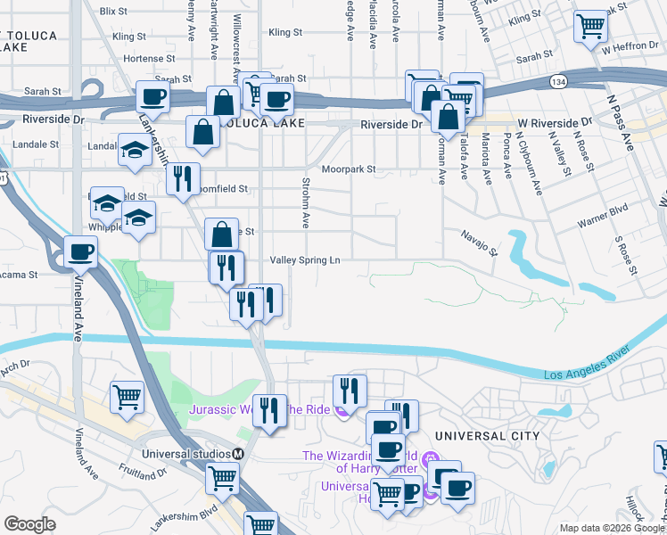 map of restaurants, bars, coffee shops, grocery stores, and more near 10424 Valley Spring Lane in Los Angeles