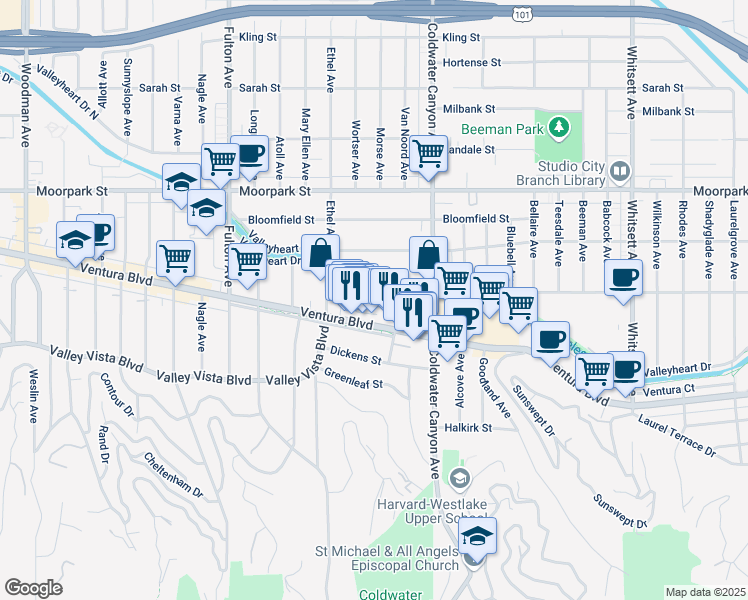 map of restaurants, bars, coffee shops, grocery stores, and more near 13004 Valleyheart Drive in Los Angeles