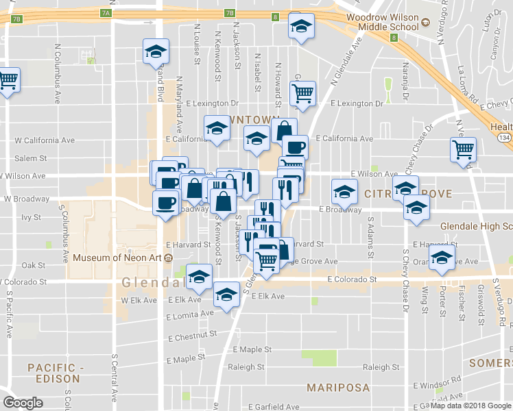 map of restaurants, bars, coffee shops, grocery stores, and more near 549 East Broadway in Glendale