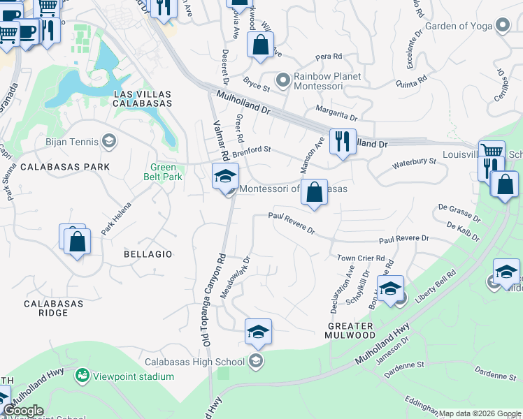 map of restaurants, bars, coffee shops, grocery stores, and more near 22983 Paul Revere Drive in Calabasas