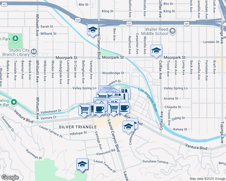 map of restaurants, bars, coffee shops, grocery stores, and more near 12078 Guerin Street in Los Angeles