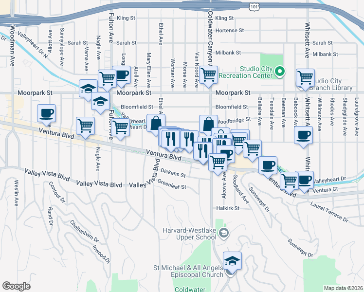 map of restaurants, bars, coffee shops, grocery stores, and more near 13004 Valleyheart Drive in Los Angeles