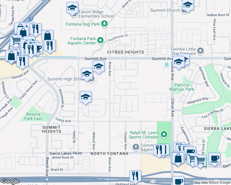 map of restaurants, bars, coffee shops, grocery stores, and more near 5919 Lawson Peak Way in Fontana
