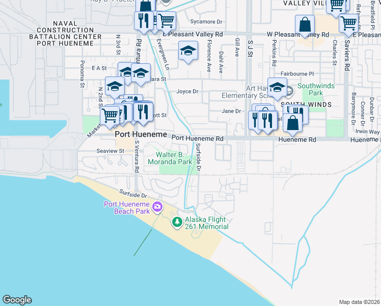 map of restaurants, bars, coffee shops, grocery stores, and more near 688 Beachport Drive in Port Hueneme