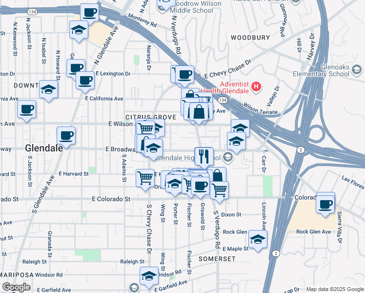 map of restaurants, bars, coffee shops, grocery stores, and more near 1323 East Broadway in Glendale