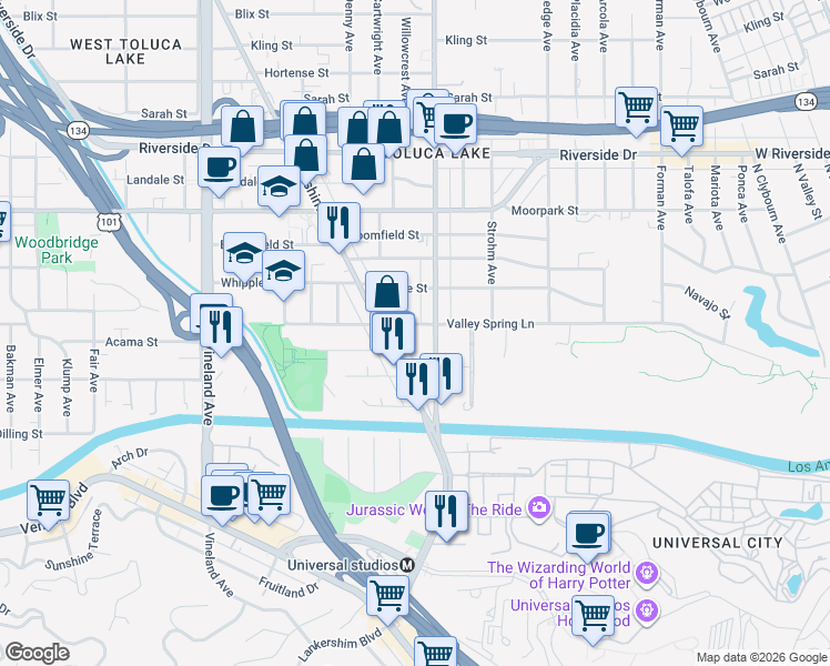 map of restaurants, bars, coffee shops, grocery stores, and more near 10626 Valley Spring Lane in Los Angeles