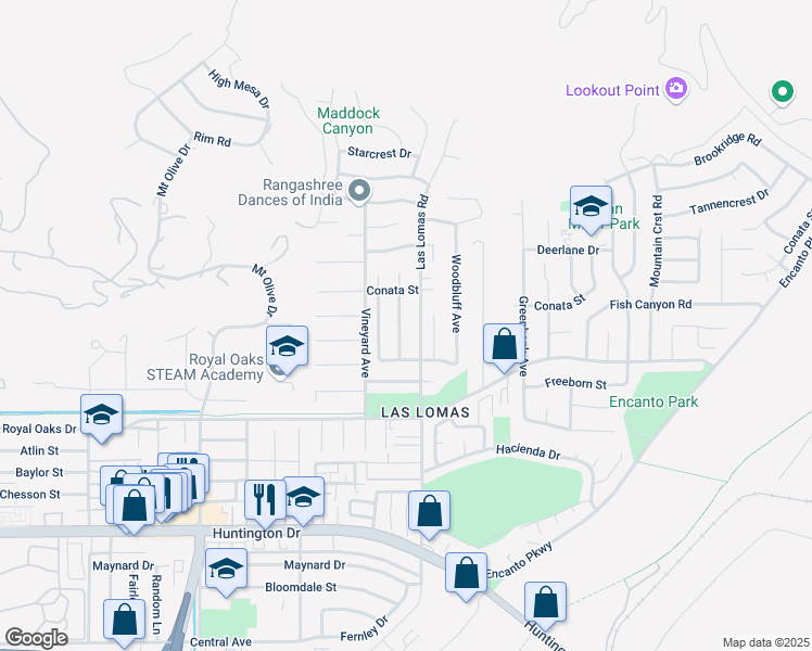 map of restaurants, bars, coffee shops, grocery stores, and more near 621 Fairwood Street in Duarte