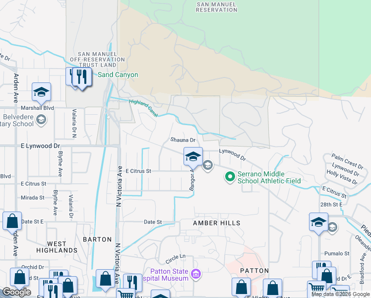 map of restaurants, bars, coffee shops, grocery stores, and more near 3072 Lynwood Drive in Highland