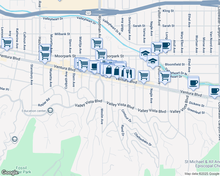 map of restaurants, bars, coffee shops, grocery stores, and more near 4163 Ventura Canyon Avenue in Los Angeles