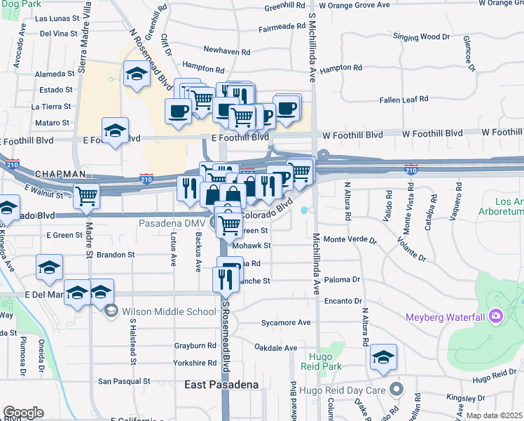 map of restaurants, bars, coffee shops, grocery stores, and more near 3768 East Colorado Boulevard in Pasadena