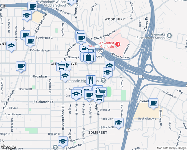 map of restaurants, bars, coffee shops, grocery stores, and more near 1411 East Broadway in Glendale