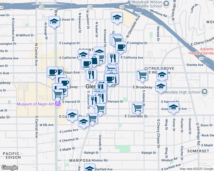 map of restaurants, bars, coffee shops, grocery stores, and more near in Glendale