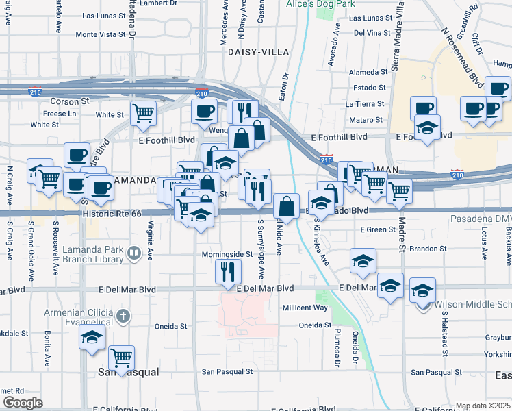 map of restaurants, bars, coffee shops, grocery stores, and more near 2893 E Colorado Blvd in Pasadena