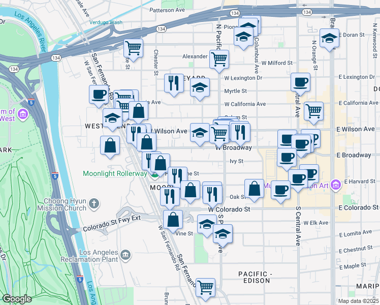 map of restaurants, bars, coffee shops, grocery stores, and more near 617 Ivy Street in Glendale