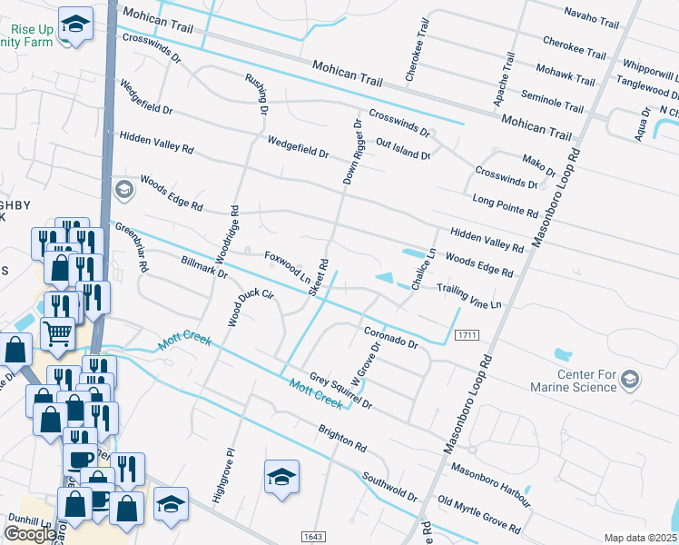 map of restaurants, bars, coffee shops, grocery stores, and more near 5500 Warrendale Court North in Wilmington