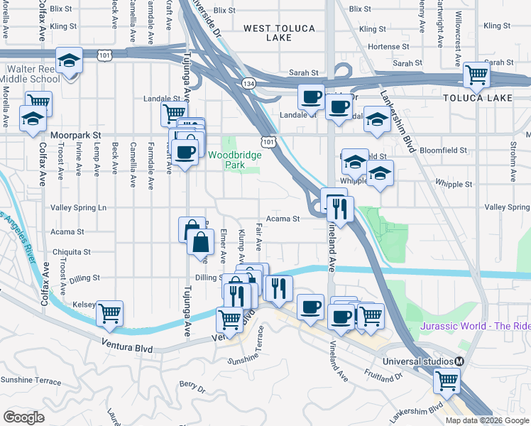 map of restaurants, bars, coffee shops, grocery stores, and more near 4252 Fair Avenue in Los Angeles