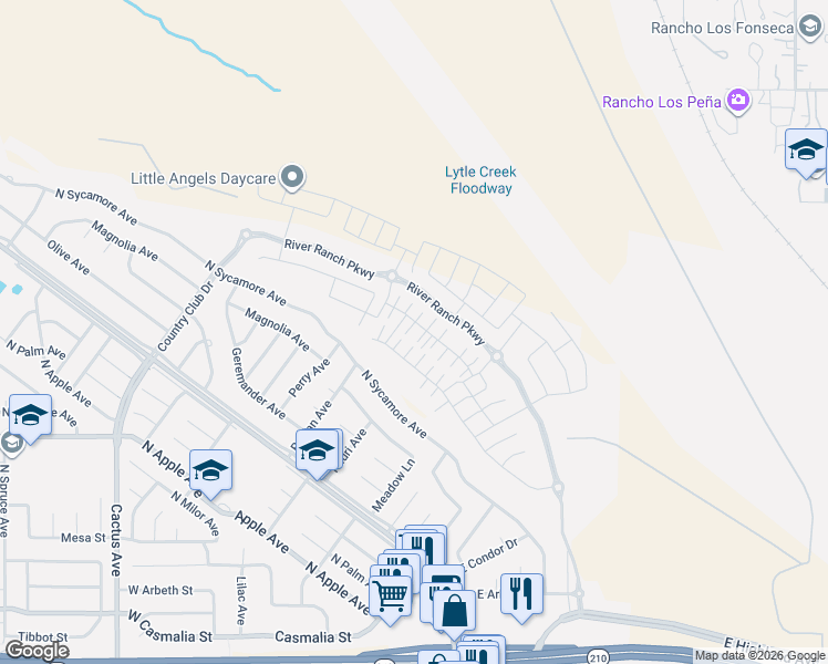 map of restaurants, bars, coffee shops, grocery stores, and more near 355 East Country Club Drive in Rialto