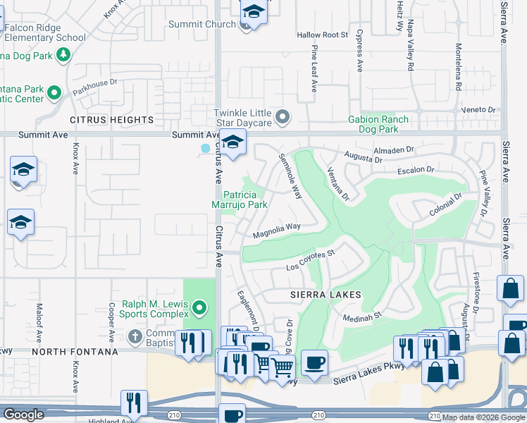 map of restaurants, bars, coffee shops, grocery stores, and more near 5952 Wilshire Drive in Fontana