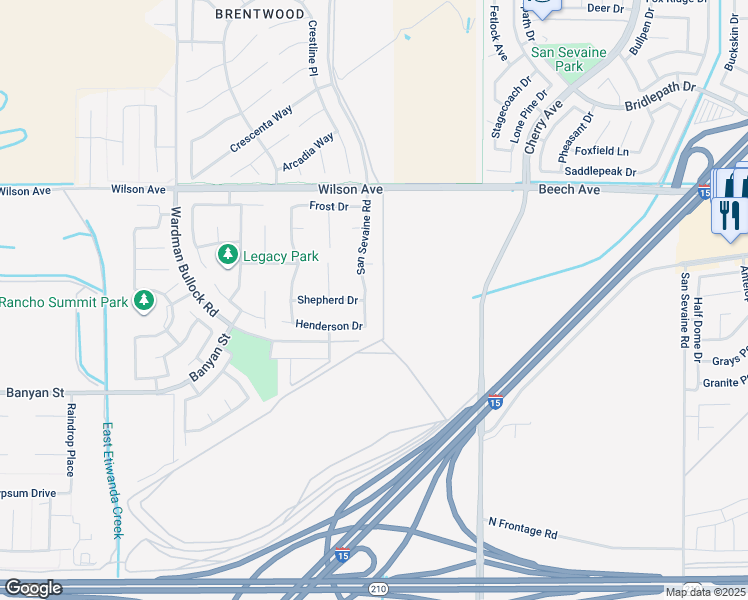 map of restaurants, bars, coffee shops, grocery stores, and more near 14166 Henderson Drive in Rancho Cucamonga