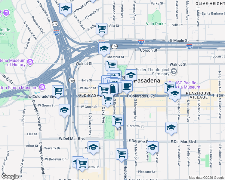 map of restaurants, bars, coffee shops, grocery stores, and more near 65 East Colorado Boulevard in Pasadena