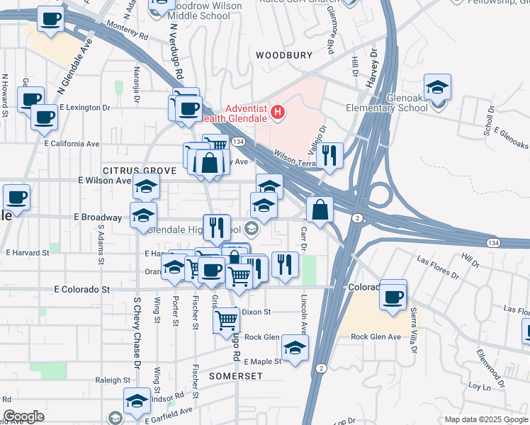 map of restaurants, bars, coffee shops, grocery stores, and more near 1502 East Broadway in Glendale