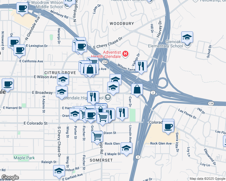 map of restaurants, bars, coffee shops, grocery stores, and more near 1502 East Broadway in Glendale