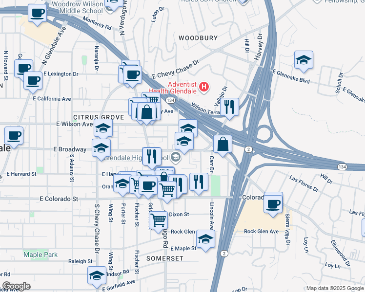 map of restaurants, bars, coffee shops, grocery stores, and more near 1502 East Broadway in Glendale